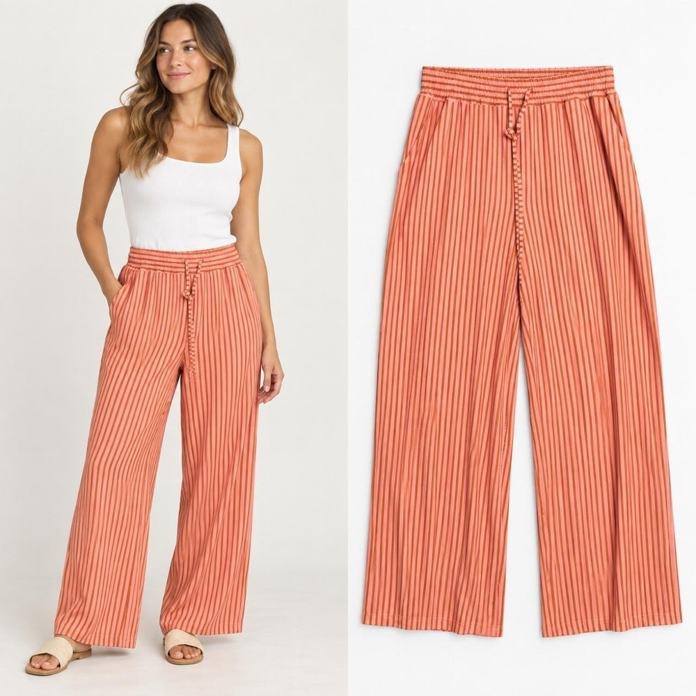 Women's L Pants Pink Striped Wide Leg Drawstring Boho Lounge Beachy Resortwear